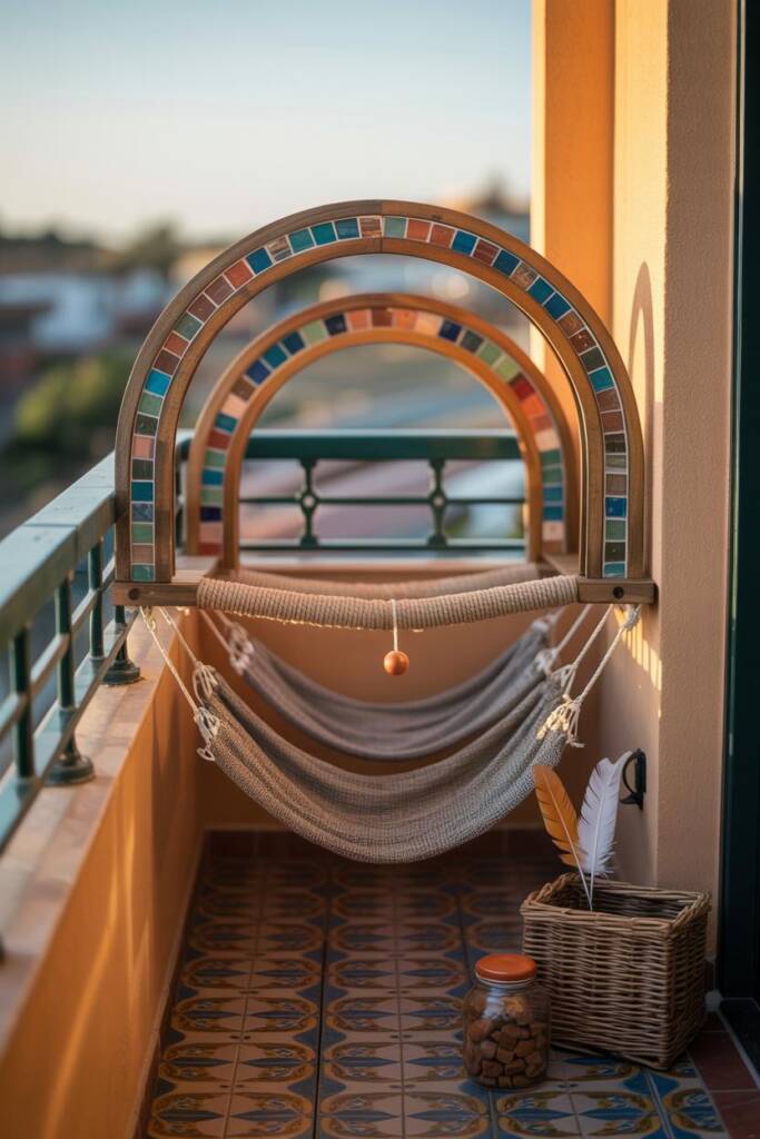 Set of two wooden arches at staggered heights with mosaic trim along edges; rope bridge between arches and a linen hammock sl