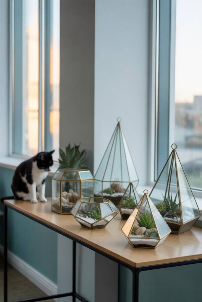 A styled console table displaying a collection of five geometric glass terrariums in varying sizes - hexagonal, pyramid, and