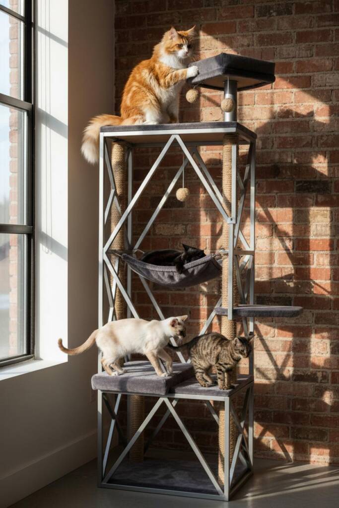 A striking tall cat tower with open interlocking framework of angular silver metal supports forming triangles, diamonds, and