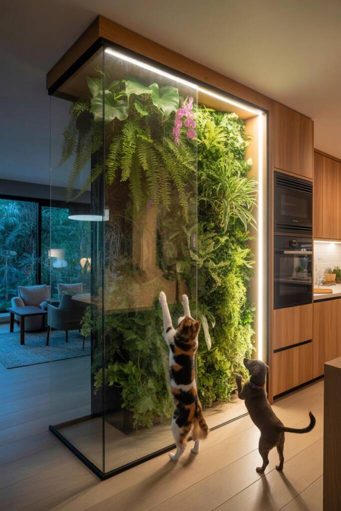 A stunning floor-to-ceiling living wall behind frameless glass panels serving as a room divider between a dining area and liv
