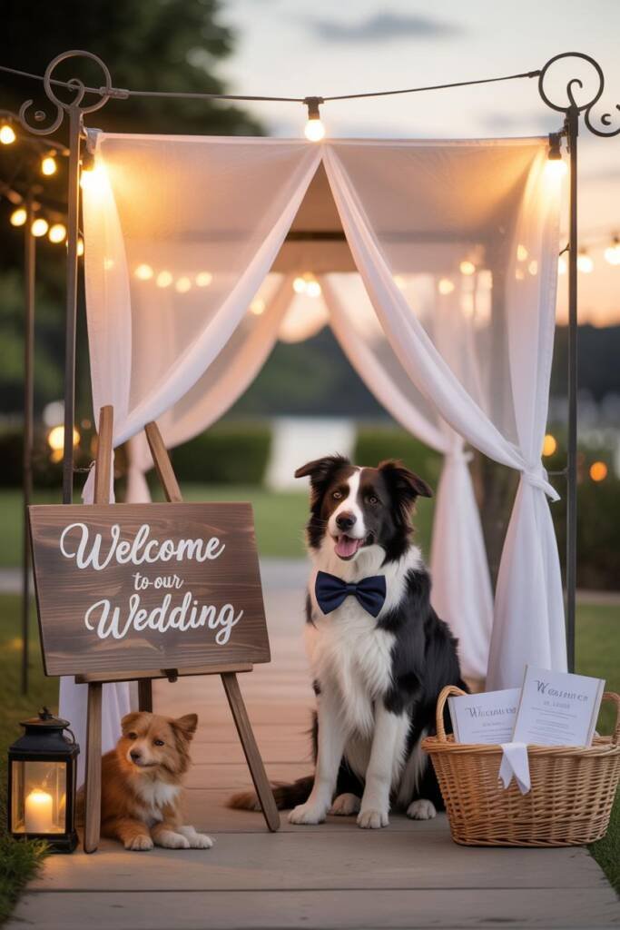 A friendly golden doodle sitting under an elegant white fabric canopy at a wedding entrance, wearing a sage green bow tie tha