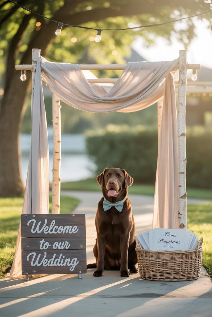 A friendly golden doodle sitting under an elegant white fabric canopy at a wedding entrance, wearing a sage green bow tie tha