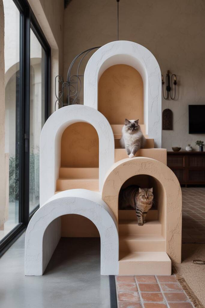 An elegant cat structure featuring three smooth curved archways in cream and beige stucco-textured finish reminiscent of Span