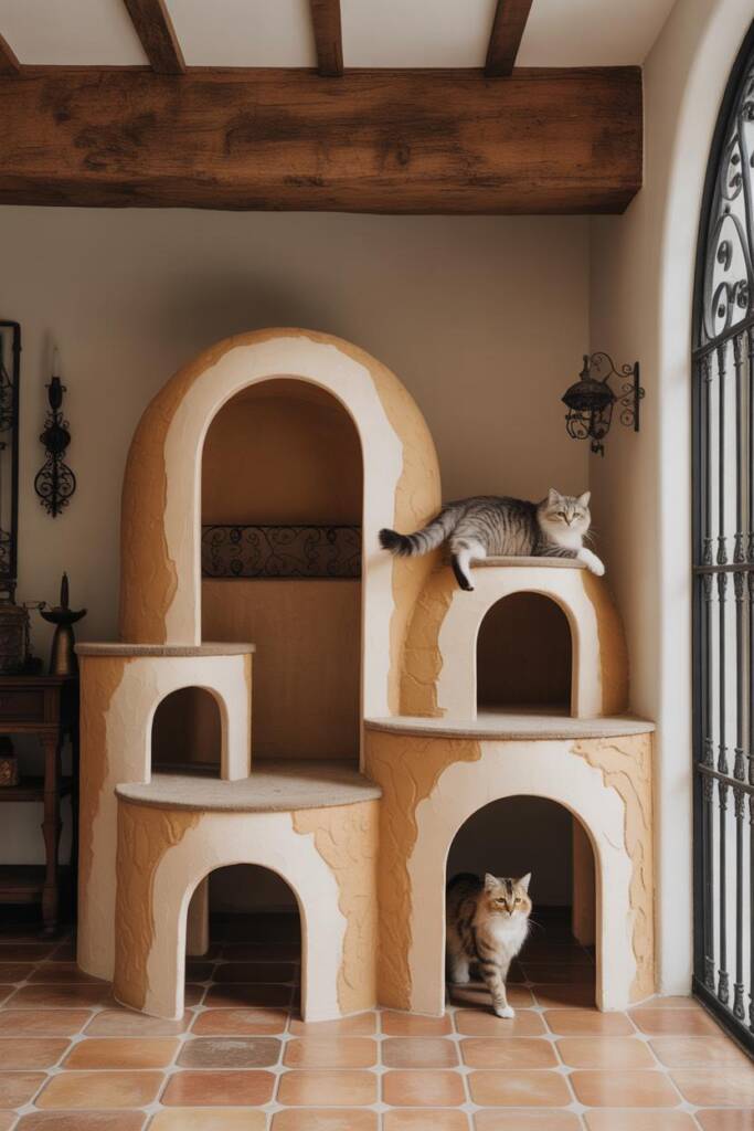 An elegant cat structure featuring three smooth curved archways in cream and beige stucco-textured finish reminiscent of Span