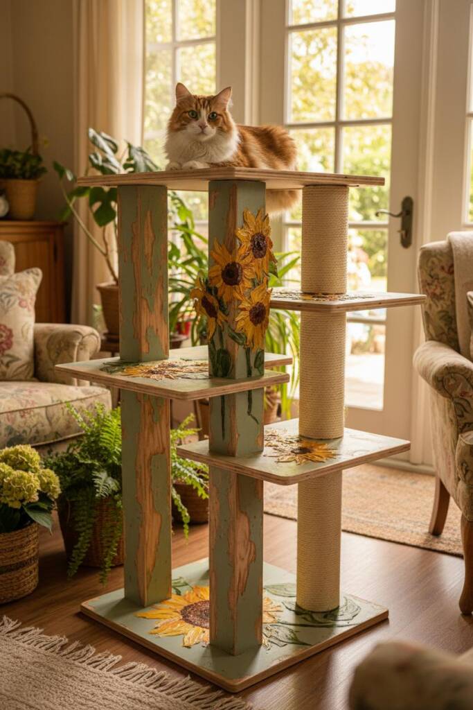 Multi-level cat tree with distressed painted finish in soft sage green and cream, hand-painted sunflower motifs directly insp