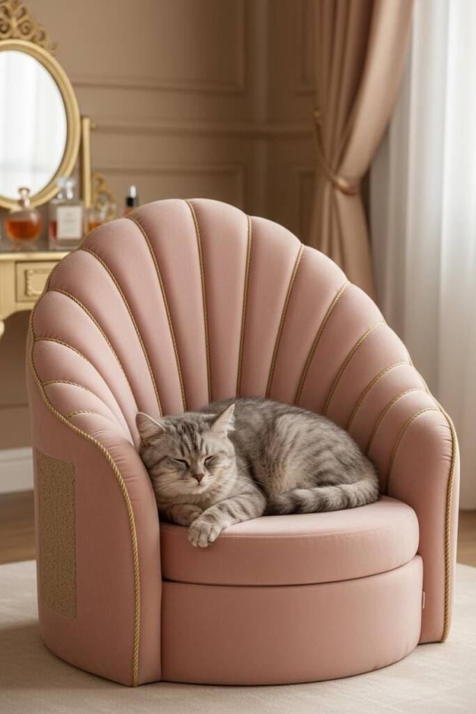 A dramatic low throne cat bed with elaborate fan-shaped backrest featuring radiating pleats, upholstered in luxurious blush p