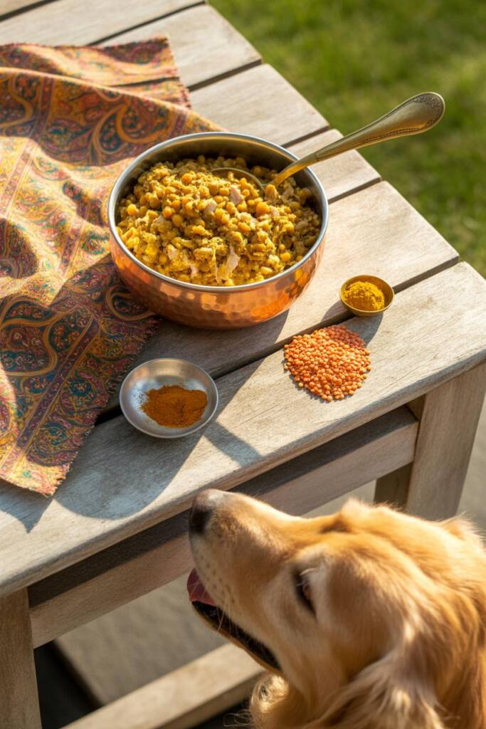 Warm, inviting image of a copper-colored bowl filled with creamy golden-yellow lentil and turkey mixture with visible texture