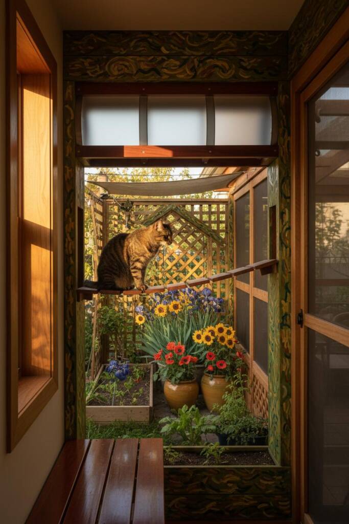 Weatherproof cedar wood transition structure connecting indoor cat tree to screened outdoor catio with Van Gogh's cottage arc