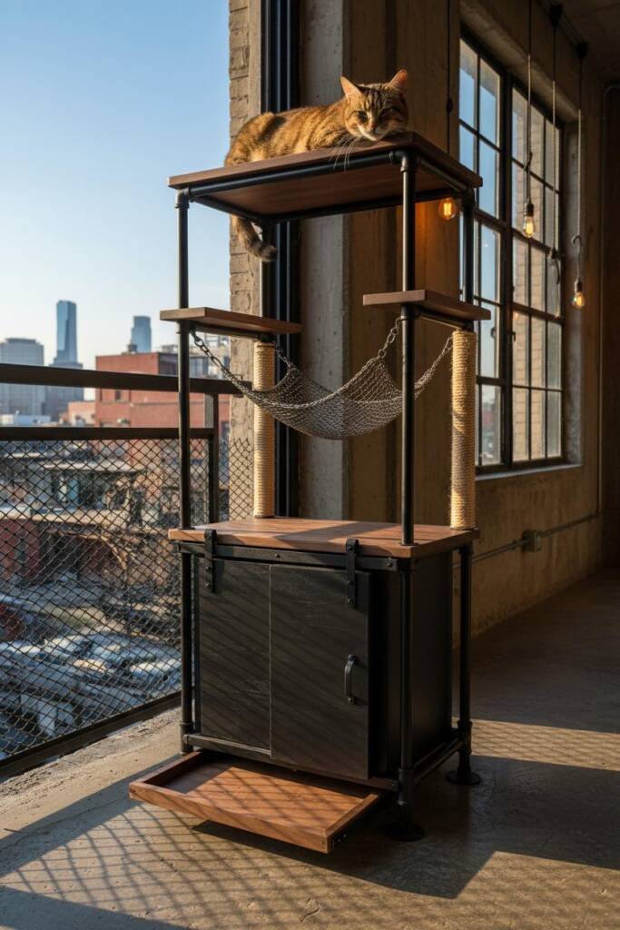 Raw black iron pipe frame with reclaimed weathered wood platforms at multiple heights, matte-black sliding barn door with tra