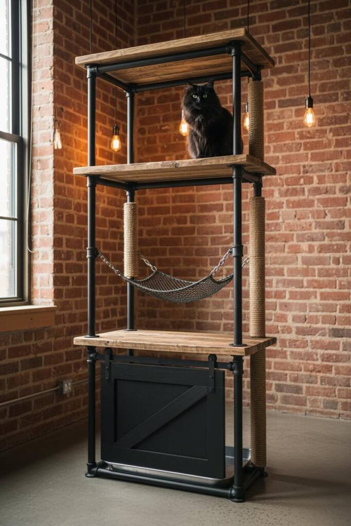 Raw black iron pipe frame with reclaimed weathered wood platforms at multiple heights, matte-black sliding barn door with tra