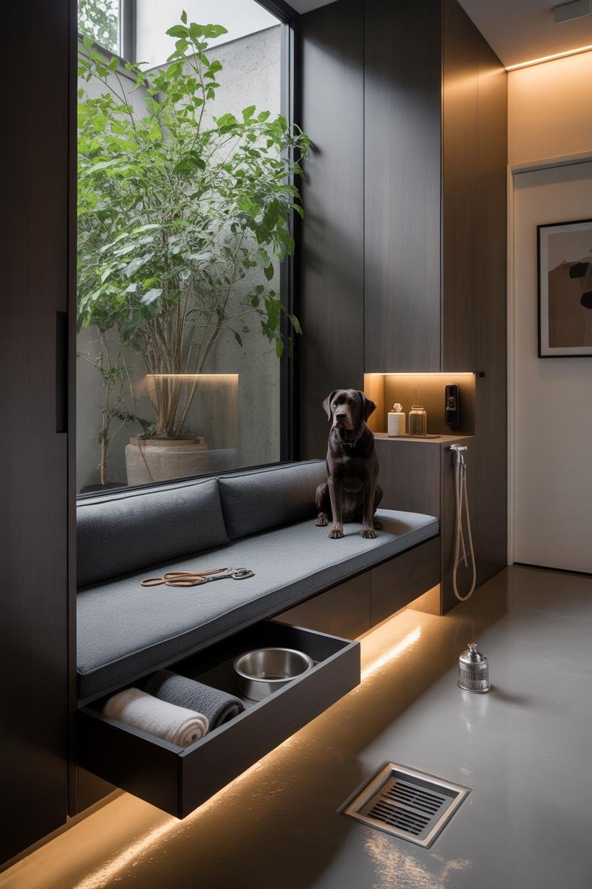 Modern dark entry mudroom: built-in bench in espresso wood with water-resistant charcoal upholstery; pull-out tray showing ro