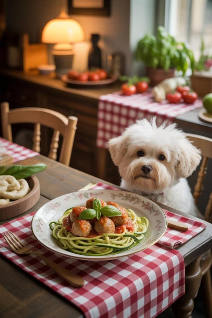Elegant presentation of small turkey meatballs arranged over spiralized zucchini noodles in a white Italian-style pasta bowl.