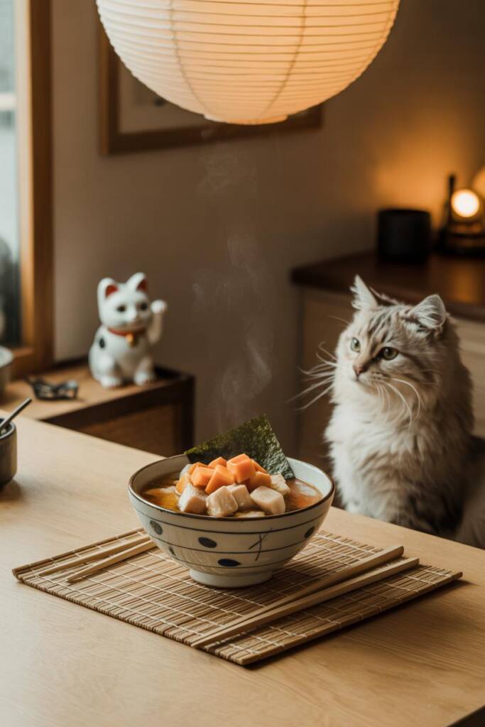 Minimalist composition featuring a traditional Japanese ceramic donburi bowl with diced chicken and orange sweet potato cubes
