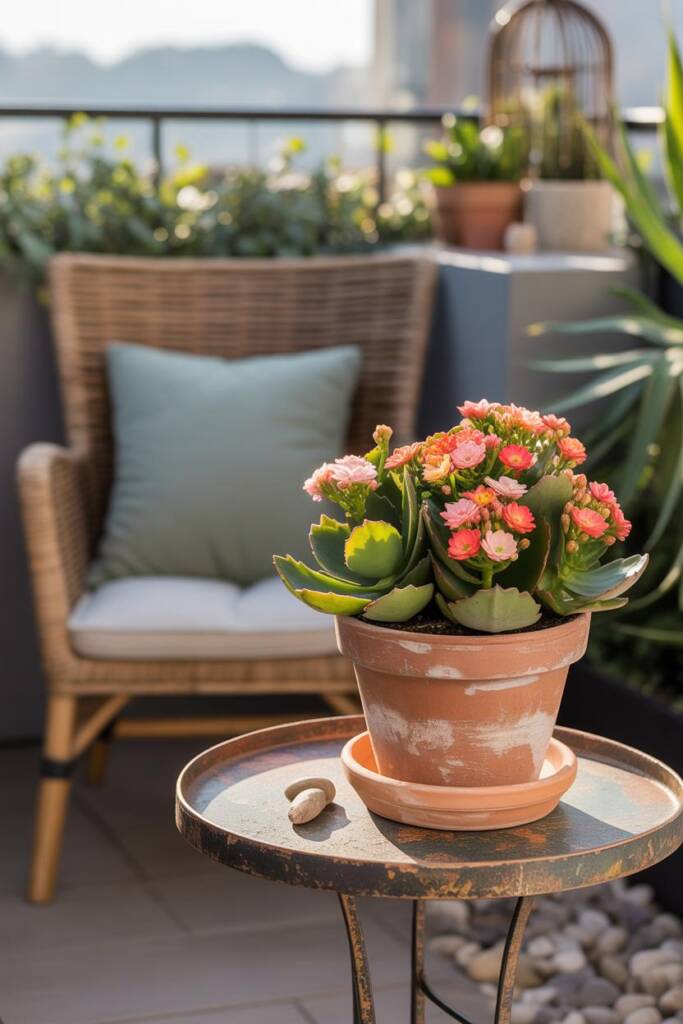 Terracotta pot filled with blooming kalanchoe succulents in coral and pink colors, fleshy green leaves visible, placed on out