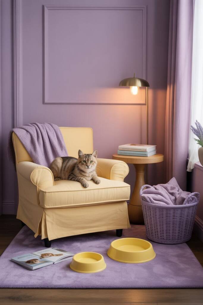 Serene living room with lavender painted walls, anxious rescue dog lying peacefully on butter yellow washable slipcover sofa,