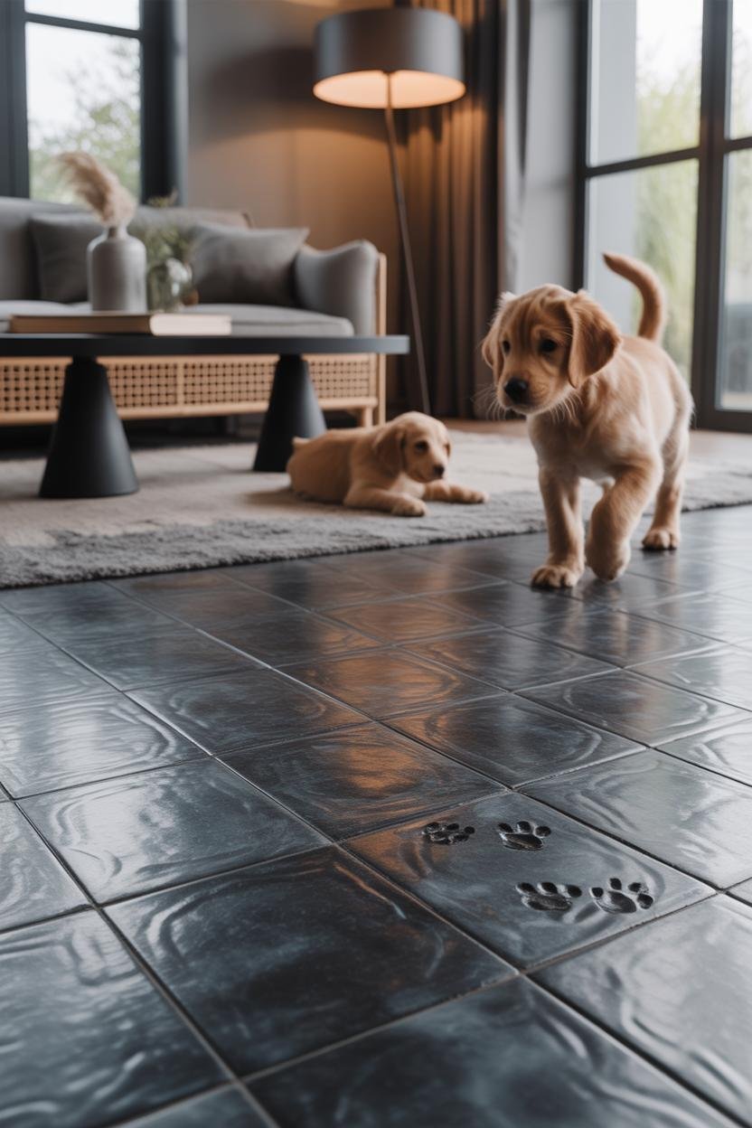 Close, angled view of dark patterned encaustic tiles in deep slate and charcoal or lightly textured sealed concrete; subtle p