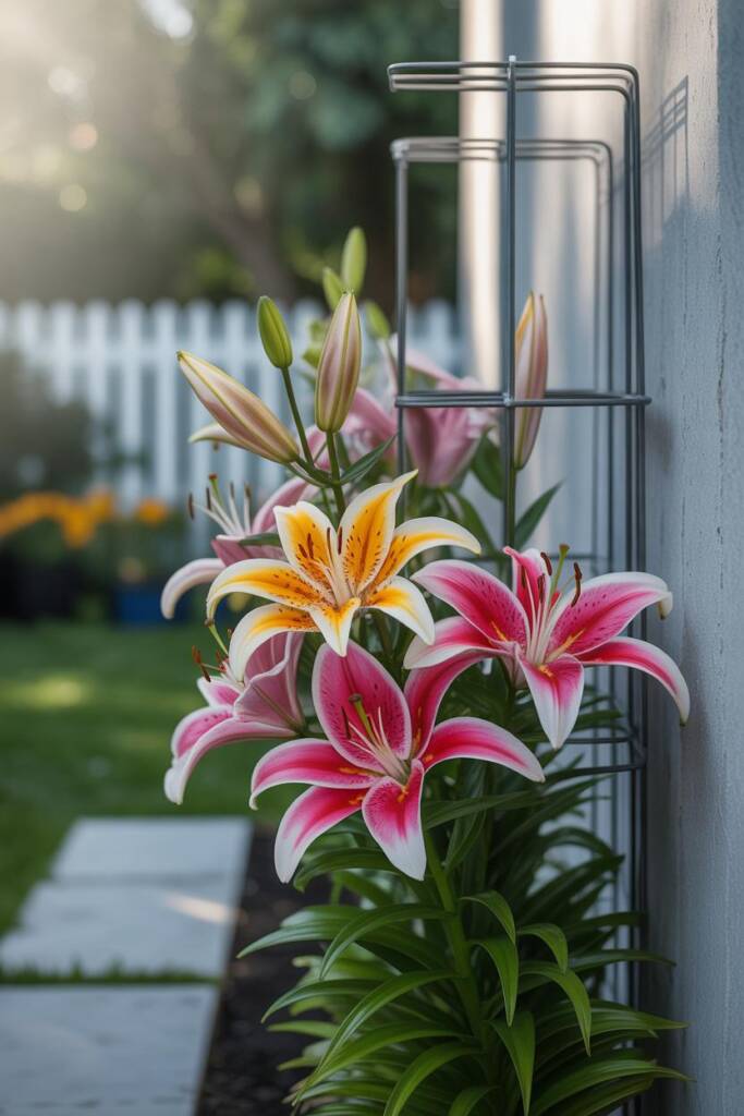 Close-up of vibrant orange tiger lilies in full bloom with visible yellow pollen on stamens, set against a blurred suburban g