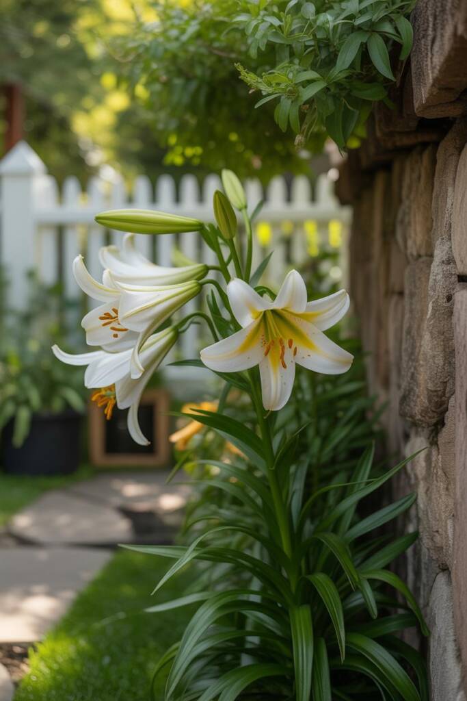 Close-up of vibrant orange tiger lilies in full bloom with visible yellow pollen on stamens, set against a blurred suburban g