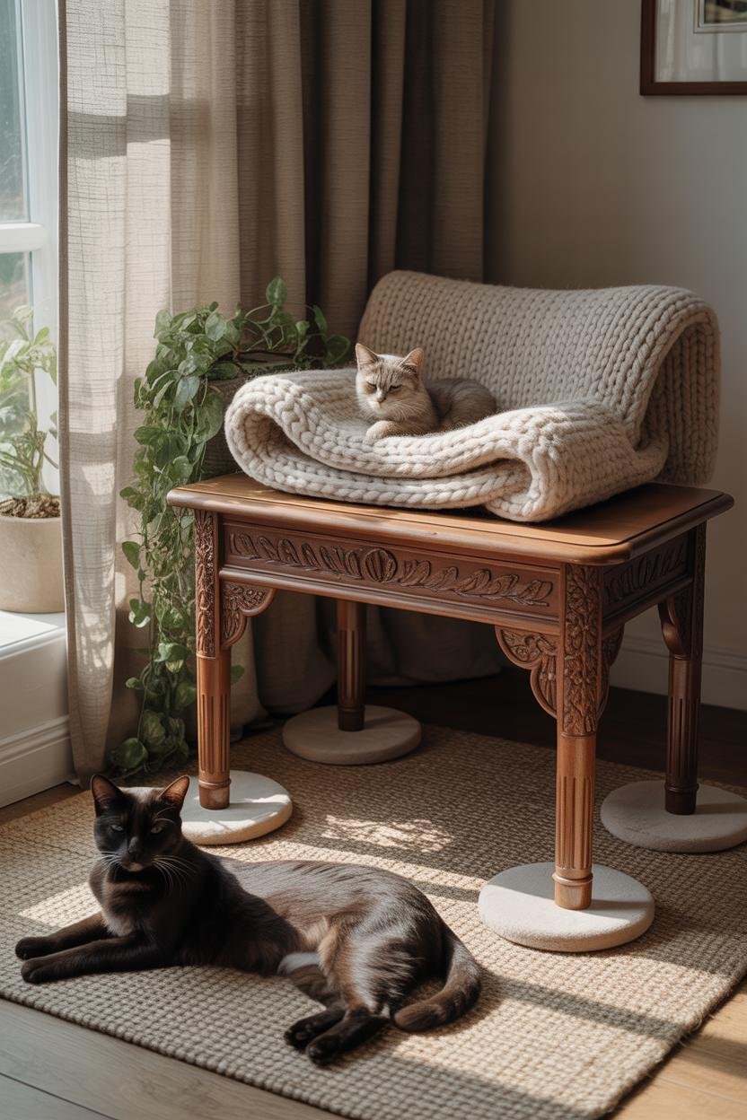 Vertical 2:3, window bay with carved low Victorian side table; folded crochet throw on top forming a cat perch; sheer curtain