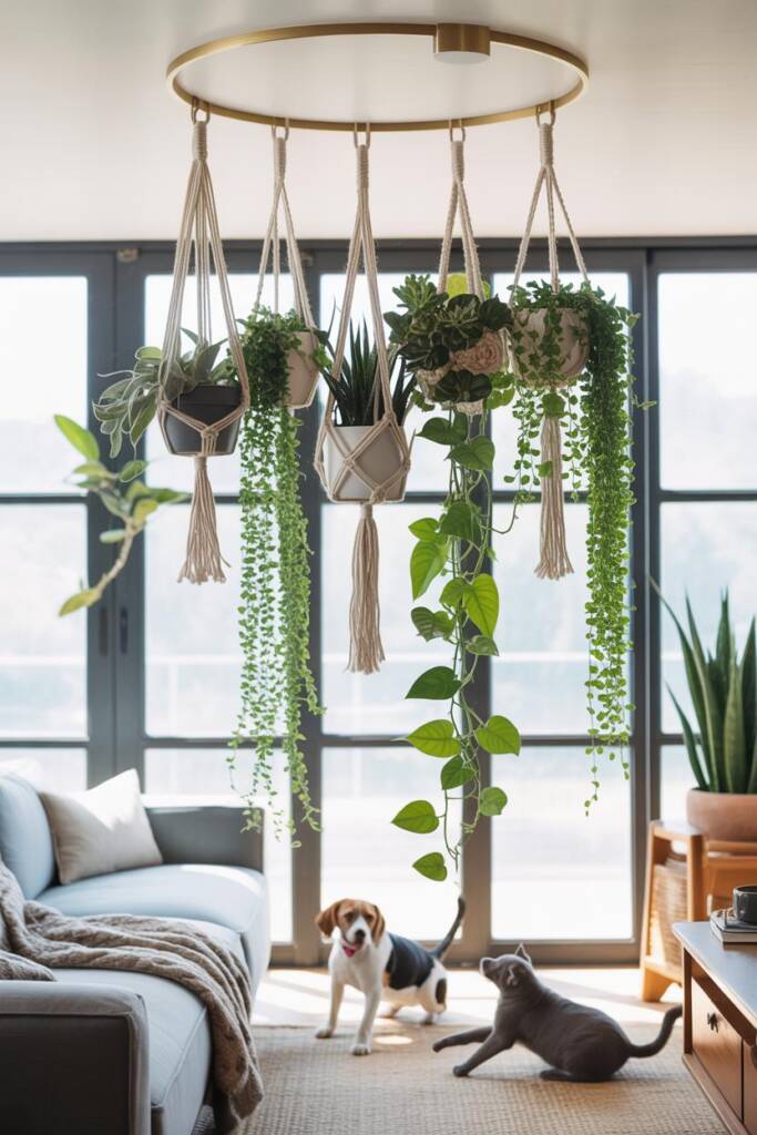 A bright living space with a cluster of five macramé plant hangers suspended from the ceiling at varying heights near a large
