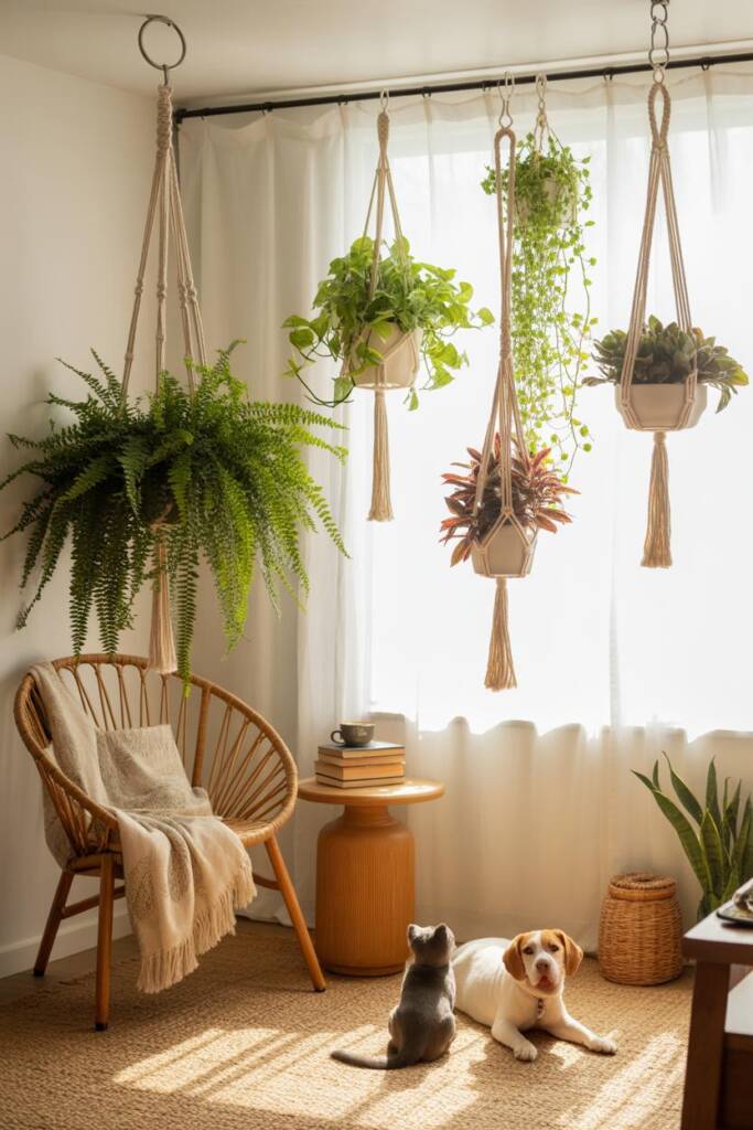 A bright living space with a cluster of five macramé plant hangers suspended from the ceiling at varying heights near a large