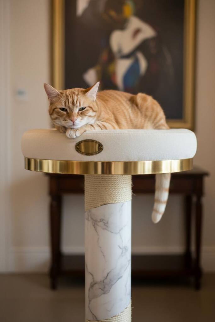 An elegant tall cylindrical pedestal wrapped in luxurious faux white Carrara marble with dramatic gray veining, topped with b