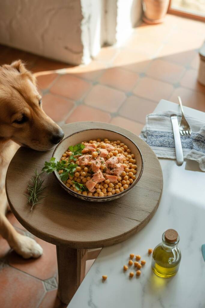 Overhead flat lay of a rustic ceramic bowl filled with flaked pink salmon pieces mixed with golden chickpeas, garnished with