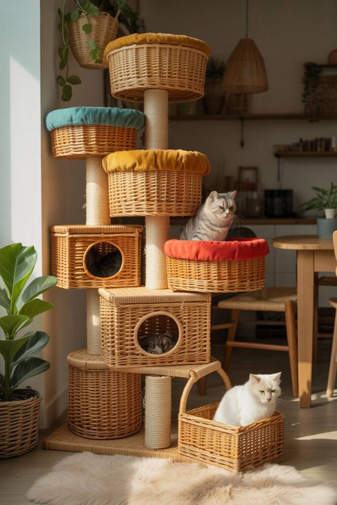 A vertical tower of five stacked woven basket compartments in natural tan wicker and rattan with realistic woven texture visi