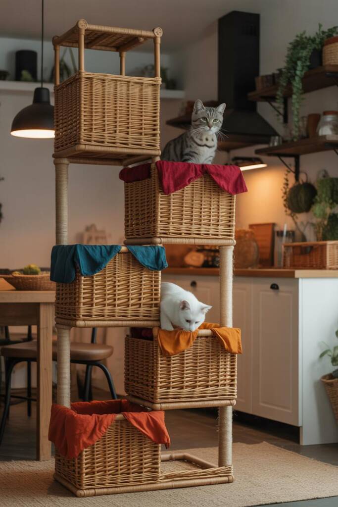 A vertical tower of five stacked woven basket compartments in natural tan wicker and rattan with realistic woven texture visi