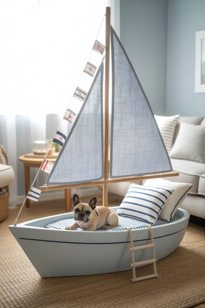 A charming miniature white sailboat with mast intact, featuring a small French Bulldog nestled inside on maritime-striped bed
