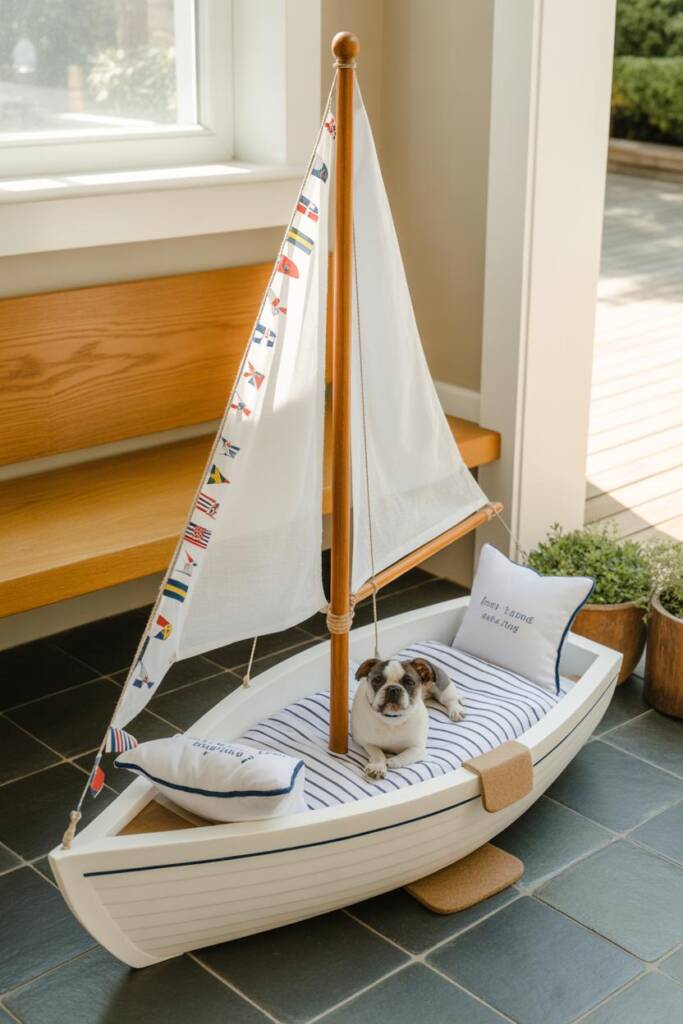 A charming miniature white sailboat with mast intact, featuring a small French Bulldog nestled inside on maritime-striped bed