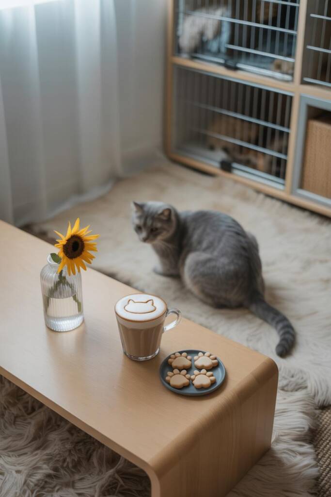 Café table scene with a cat-themed latte beside a plate of paw-shaped cookies and a small vase of flowers; a gray tabby cat s