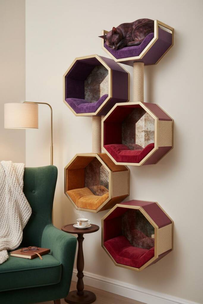 A stunning wall-mounted modular system of hexagonal cat shelves arranged in ascending honeycomb pattern. Each hexagon feature