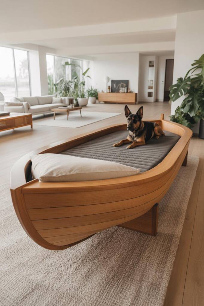 A sleek, custom-built boat-shaped bed with clean lines and smooth matte black finish, positioned in a minimalist modern livin