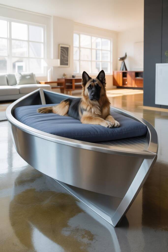 A sleek, custom-built boat-shaped bed with clean lines and smooth matte black finish, positioned in a minimalist modern livin