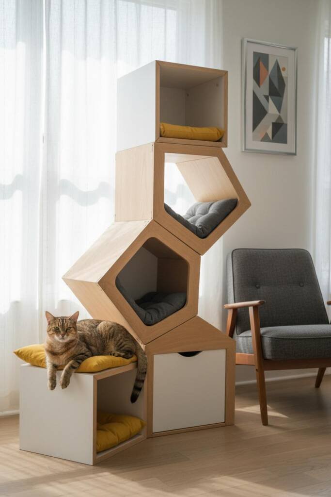 Striking modular system of interlocking hexagonal and cubic units in matte white and natural ash wood two-tone finish, angula