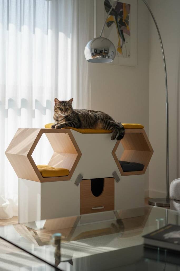 Striking modular system of interlocking hexagonal and cubic units in matte white and natural ash wood two-tone finish, angula