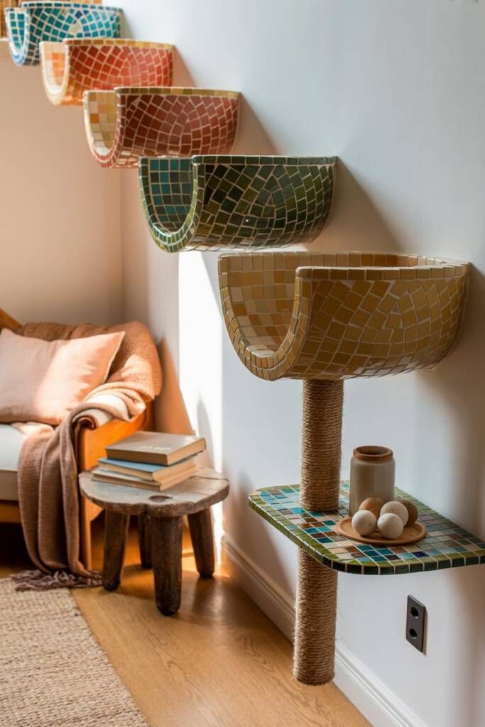 Interior vignette of a bright living room corner featuring wall-mounted mosaic-tiled perches arranged in a flowing curve; sma