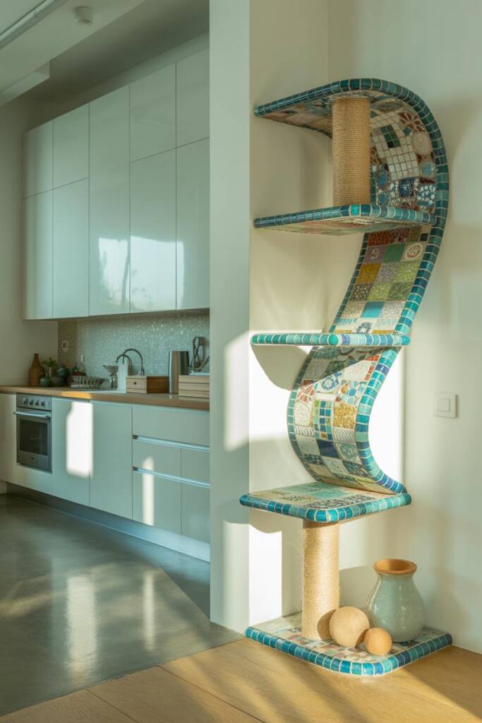 Interior vignette of a bright living room corner featuring wall-mounted mosaic-tiled perches arranged in a flowing curve; sma