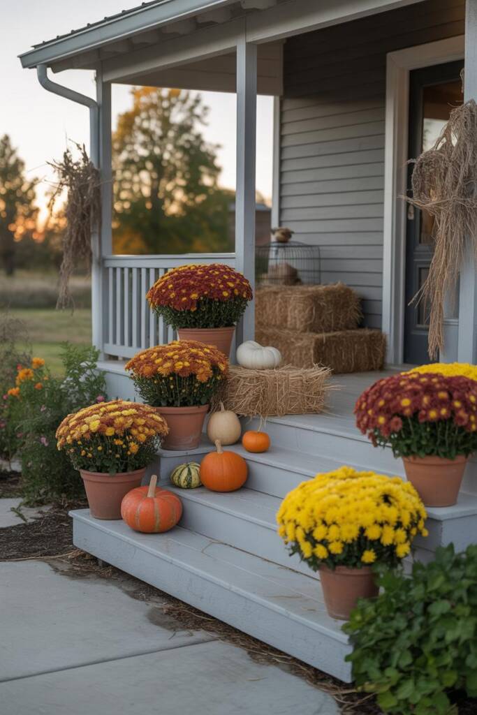 Colorful chrysanthemum display on front porch steps with orange, yellow, and burgundy blooms in decorative pots, fall decorat