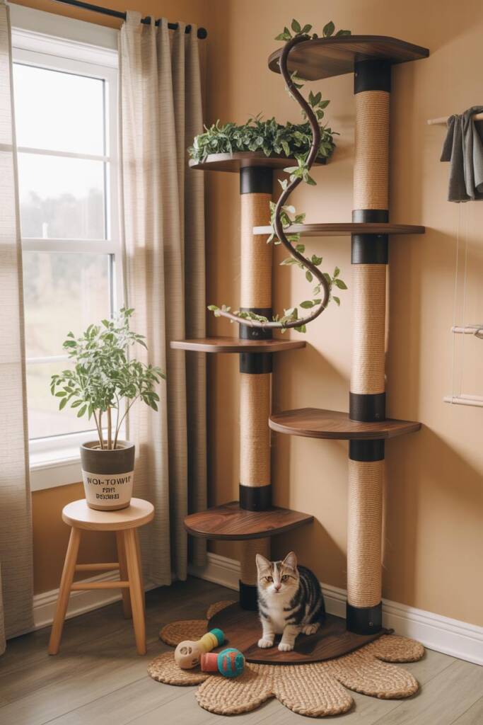 Tall sisal-wrapped posts with soft silk vines spiraling upward; leaf-shaped walnut shelves at staggered heights; positioned b