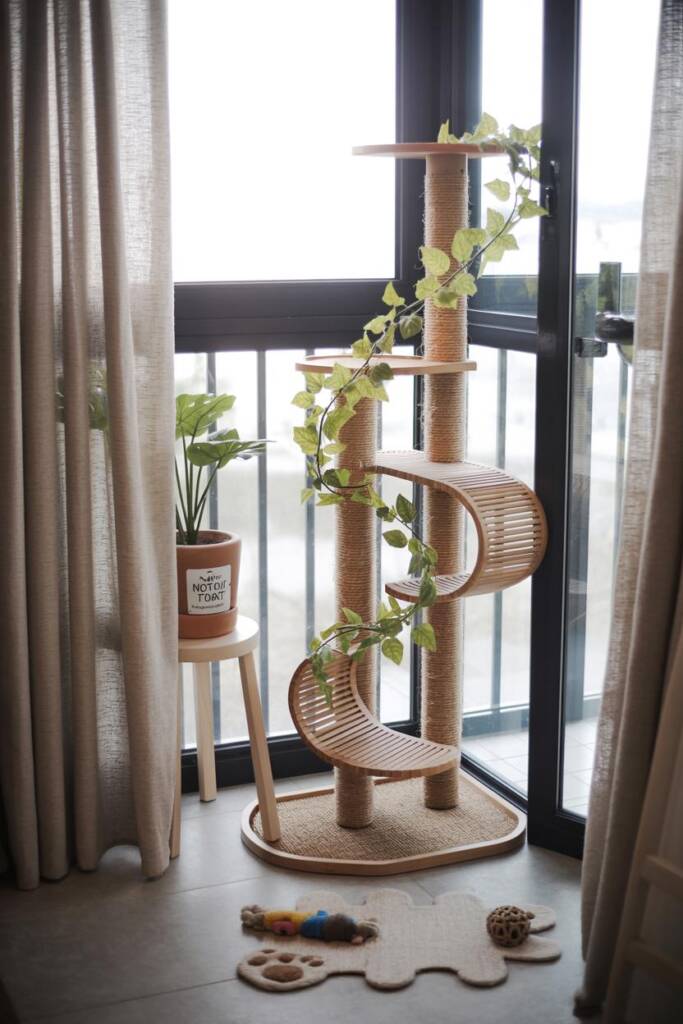 Tall sisal-wrapped posts with soft silk vines spiraling upward; leaf-shaped walnut shelves at staggered heights; positioned b