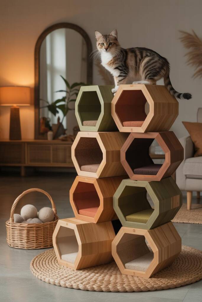 Stack of interlocking hexagonal/leafy cubes forming an asymmetrical tower; each cube interior painted in a different earthy t