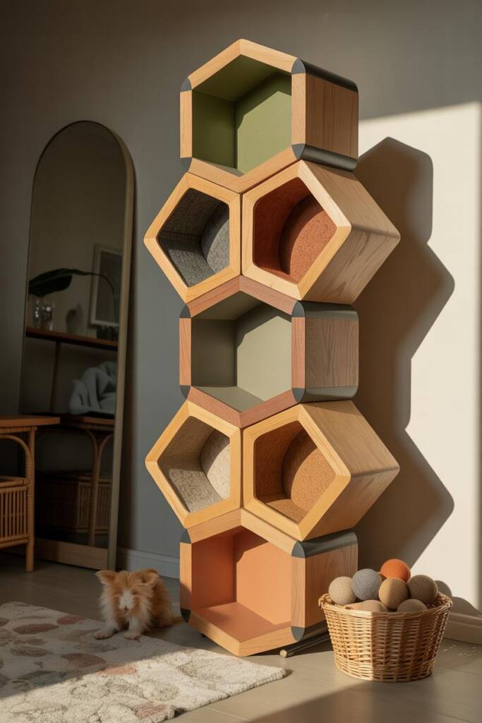 Stack of interlocking hexagonal/leafy cubes forming an asymmetrical tower; each cube interior painted in a different earthy t