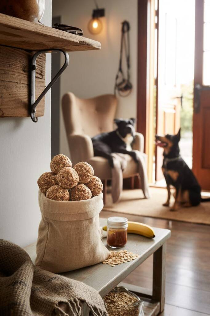 A lifestyle shot showing textured, rustic oatmeal energy balls in earth tones (beige and light brown) arranged in a small can