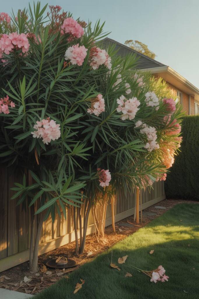 Tall oleander hedge with pink and white flower clusters lining a backyard fence, dense evergreen foliage creating privacy scr