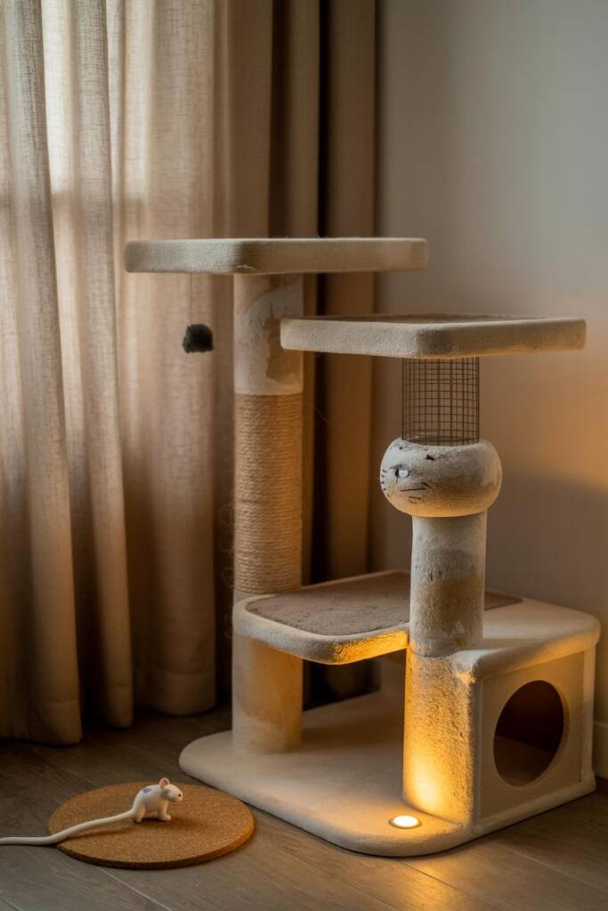 Cat tower base finished with eco textured paint to mimic natural stone; smooth rounded pillars and matte platforms; uplightin