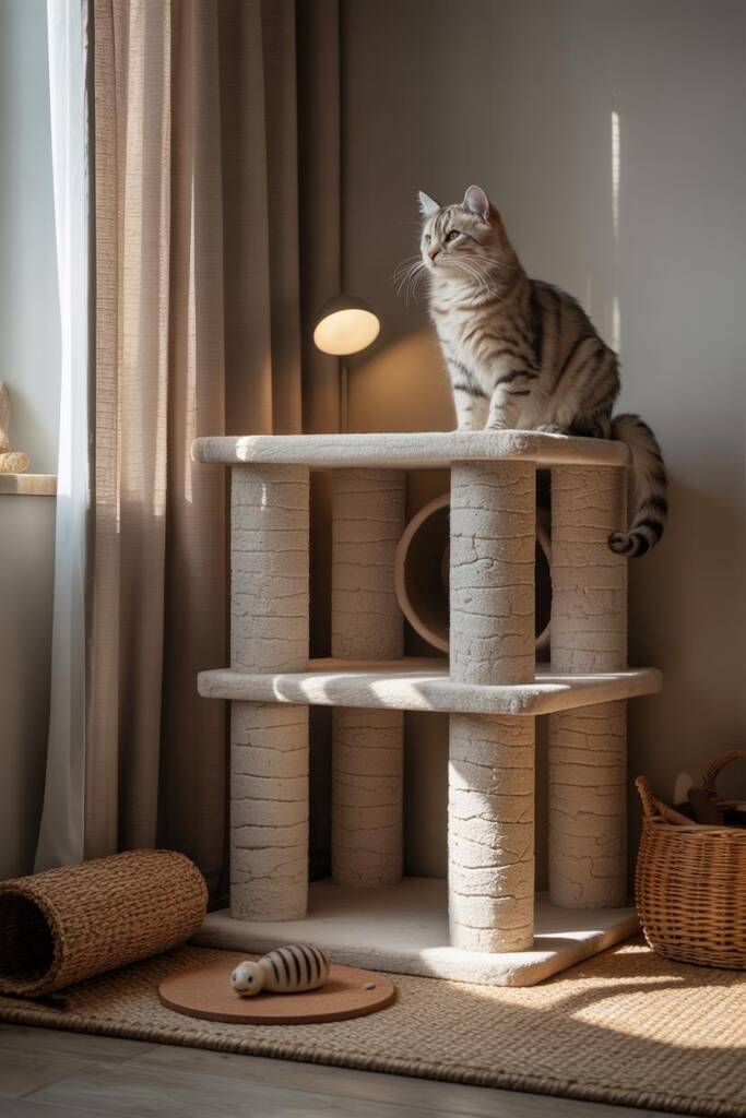 Cat tower base finished with eco textured paint to mimic natural stone; smooth rounded pillars and matte platforms; uplightin