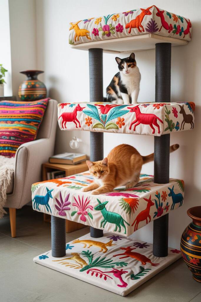 A beautiful cat tree with three cushioned platforms covered in white fabric featuring colorful Otomi-style hand embroidery. E