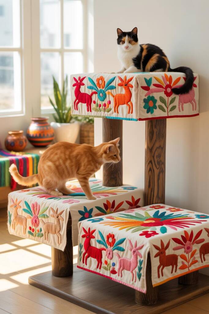 A beautiful cat tree with three cushioned platforms covered in white fabric featuring colorful Otomi-style hand embroidery. E